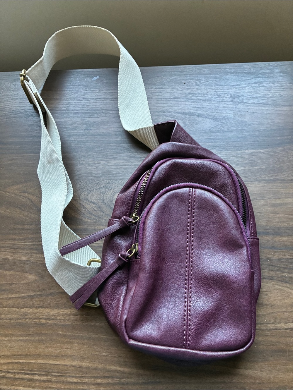 Plum Faux Leather Crossbody Sling Bag with Cream Strap